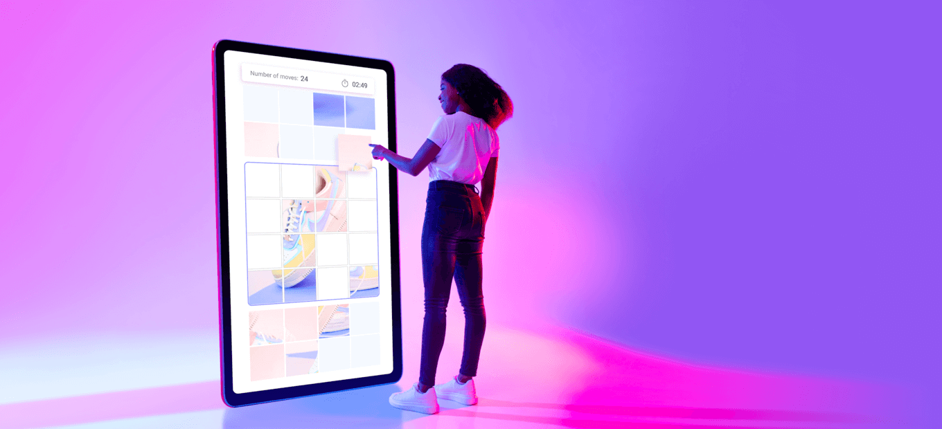 Girl put a puzzle on the big screen