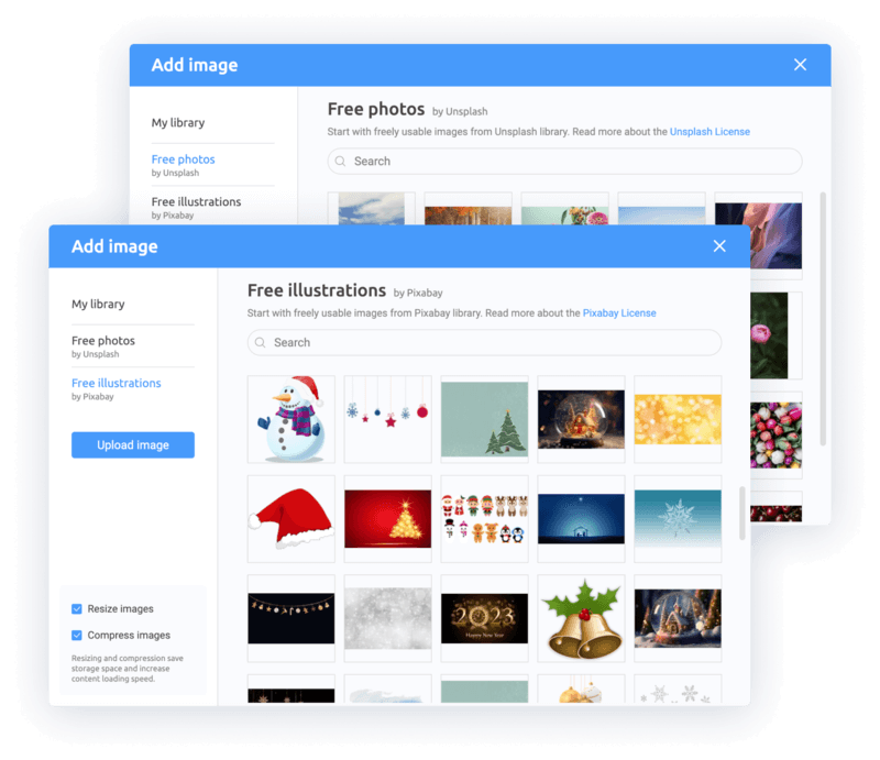 Access to the Pixabay and Unsplash libraries from the Interacty editor